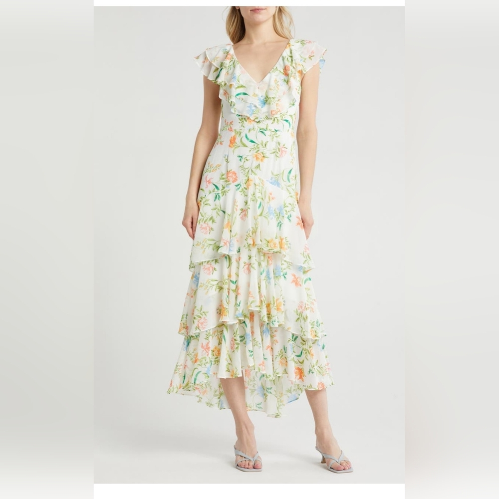 Wayf Floral Ruffle Midi Dress - White and Multicolor